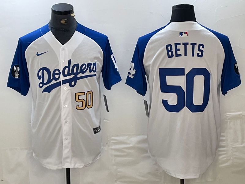 Men Los Angeles Dodgers 50 Betts White blue Fashion Nike Game MLB Jersey style 4